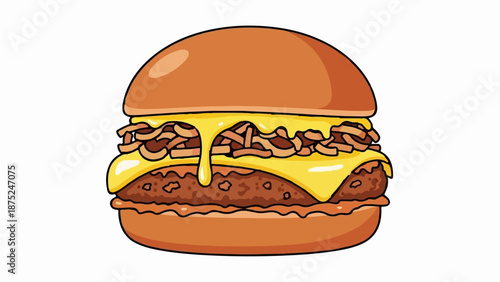 A generously filled, cartoon-style burger with melted cheese and crispy toppings