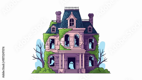 A creepy haunted mansion with broken windows and ghosts peeking out