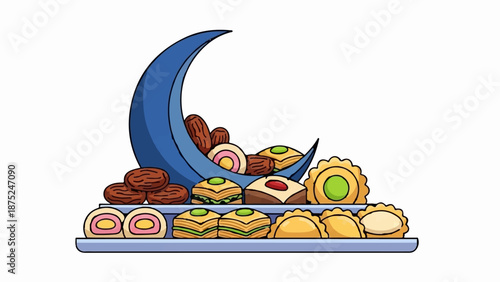 A crescent moon with a variety of sweet pastries, dates, and candies on a tray