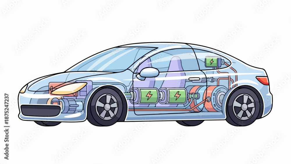 Fototapeta premium A cutaway illustration of a modern electric car showing its internal components, batteries, and motor