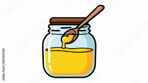A glass jar filled with golden honey, a wooden spoon collecting sticky liquid