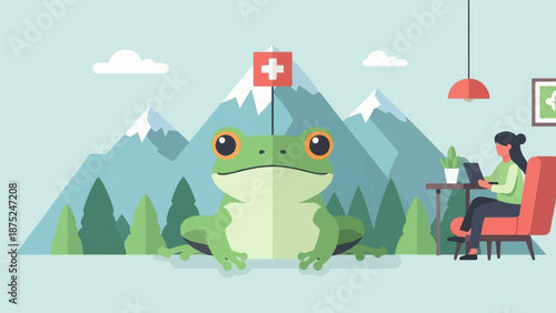A large frog with a cross on a pole stands before mountains and trees while a woman works on a laptop