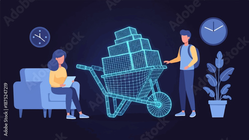 A digital wireframe wheelbarrow, stacked with boxes, is observed by two individuals