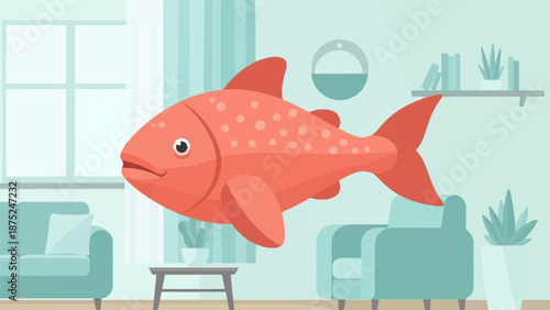 A large, orange fish with white spots swims through a living room setting with blue furniture