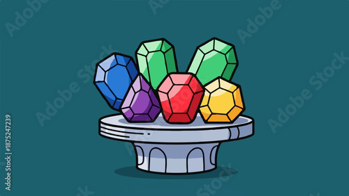 A display of colorful faceted gemstones on a decorative pedestal against a teal background