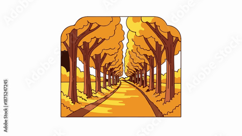 A curved pathway leads through a symmetrical avenue of trees with vibrant autumn foliage