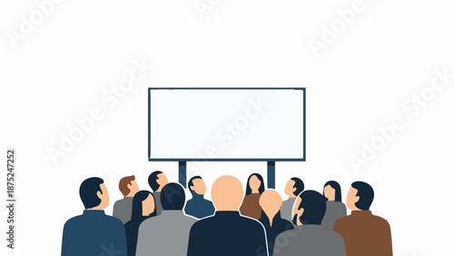 A diverse crowd of people gather to watch a blank presentation screen