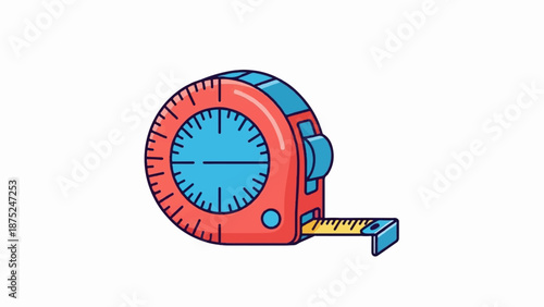 A colorful cartoon tape measure with its yellow metal tape extended