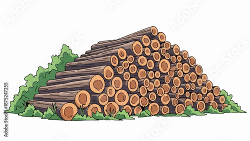 A large pile of stacked logs sits beside green foliage