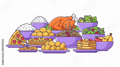 A colorful cartoon spread of various dishes including pizza, roasted chicken, pasta, salads, and fruit