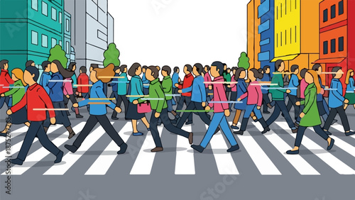 A diverse crowd of people crossing a busy street on a vibrant urban day