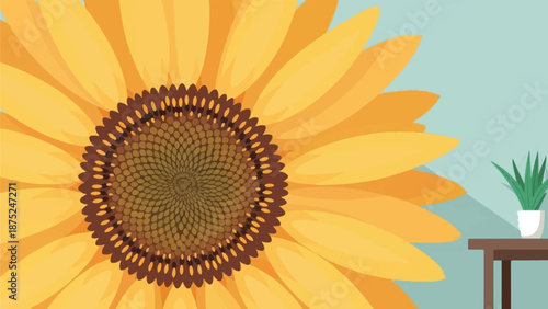 A close-up view of a large, vibrant sunflower with its yellow petals and brown center
