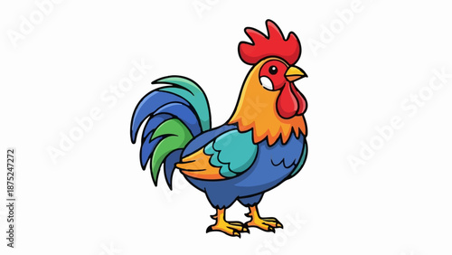 A colorful cartoon rooster with bright blue body, orange neck, and a red comb