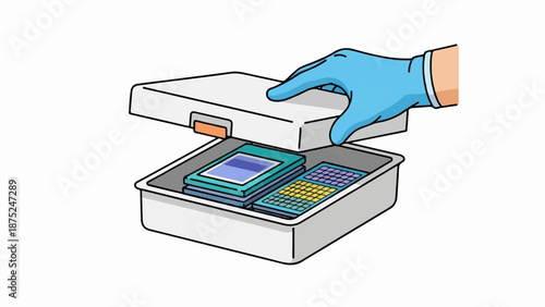 A gloved hand lifts a lid from a container holding samples in a lab