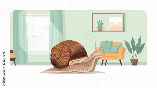 A large snail moves through a brightly lit room with a window and a chair