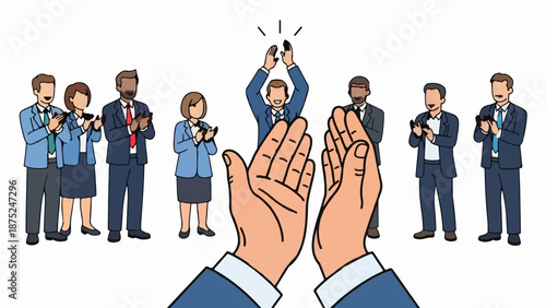 A diverse group of business professionals applaud a central figure in a celebratory gesture