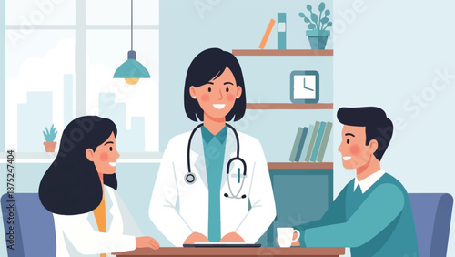 A doctor consults with two patients in a bright office with a cityscape outside