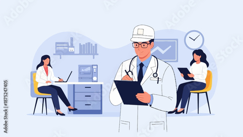 A doctor with a stethoscope writes on a clipboard, with two women working on laptops and a clock on the wall