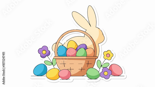 A cute cartoon bunny sits behind a basket overflowing with colorful Easter eggs and flowers