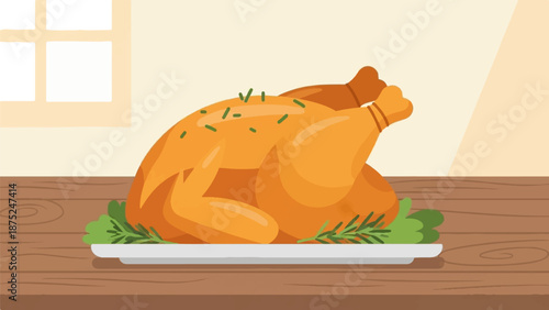 A golden roasted chicken rests on a white plate with green garnish on a wooden table