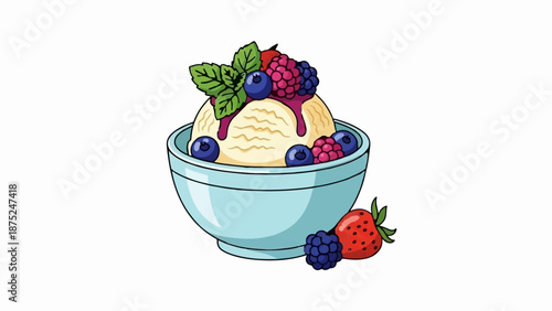 A light blue bowl filled with creamy vanilla ice cream topped with fresh berries and a drizzle of syrup