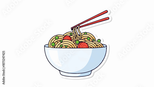 A light blue bowl overflowing with noodles, garnished with green peas and red tomato slices, held by red chopsticks