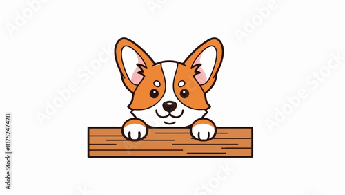 A cute cartoon corgi peeks over a wooden sign with a cheerful expression