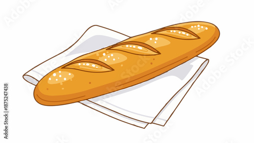 A golden-brown loaf of bread with shallow cuts on top rests on a folded white cloth