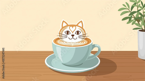 A light blue cup filled with latte art shaped like a cat's face sits on a wooden surface