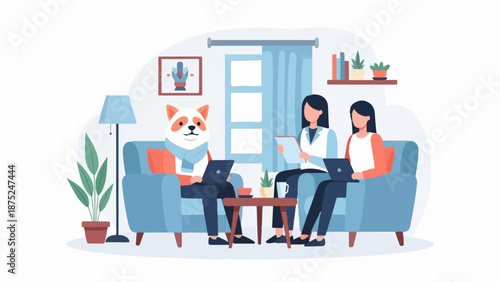 A dog and two women sitting on couches, working on laptops in a cozy room