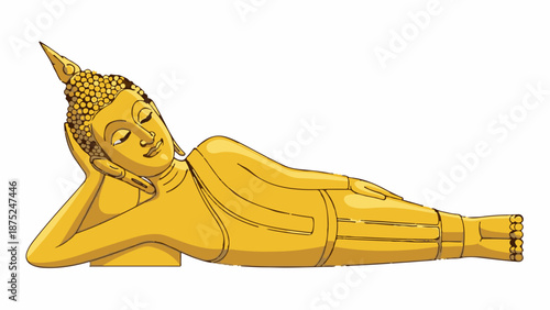 A golden statue of a reclining Buddha rests on a white background, with a serene expression