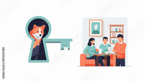 A dog peeks through a keyhole with a key, while people meet around a table