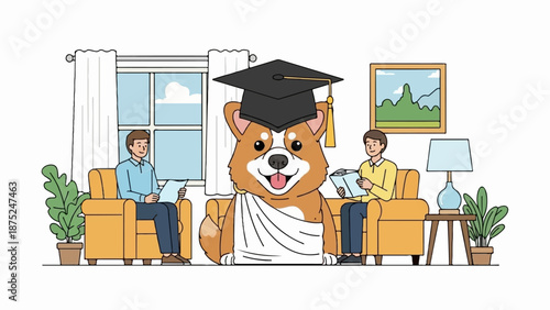 A dog in a graduation cap and toga sits between two men reading in a room