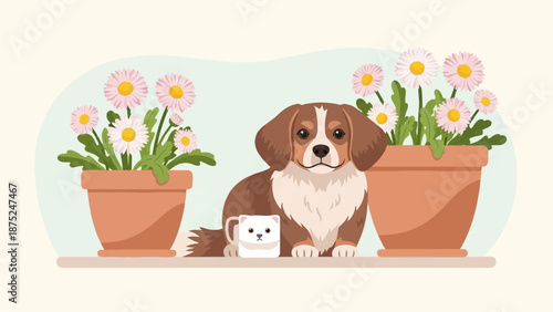 A cute cartoon dog sits next to a cat mug amidst potted daisies
