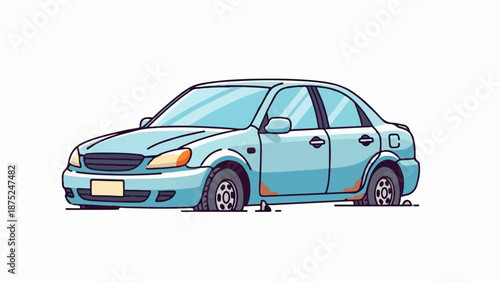 A light blue, pixelated sedan with flat tires and rust spots is shown against a white background