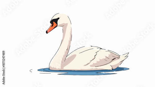 A graceful white swan with an orange beak swims serenely on blue water