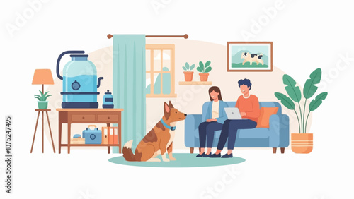 A dog sits by a couple on a couch as they use a laptop
