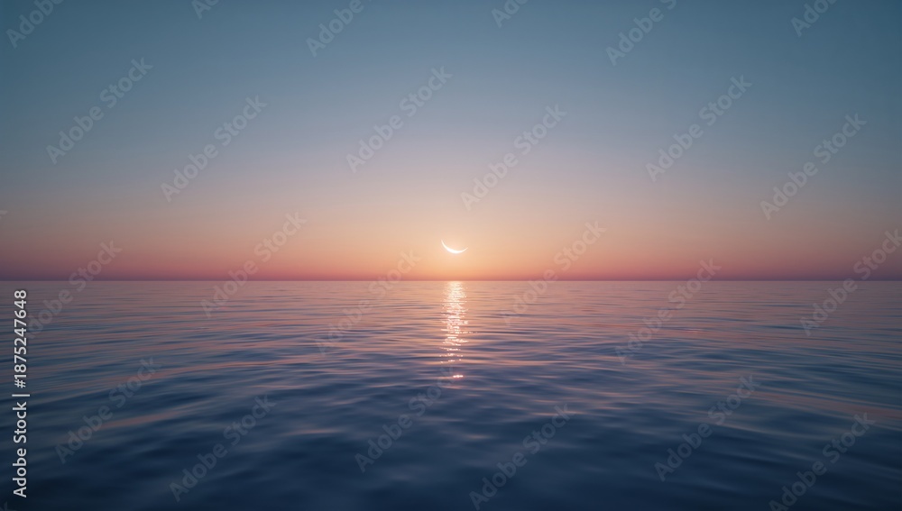 Obraz premium Serene sunset over a calm ocean with a vibrant sky reflecting on the water's surface.