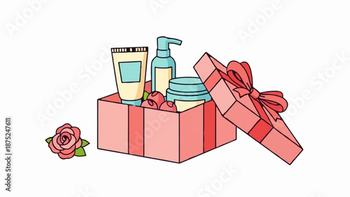 A pink gift box overflowing with skincare products, accented by roses