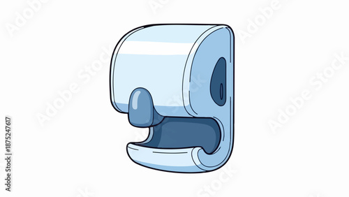 A light blue wall-mounted paper towel dispenser with a dark blue dispensing opening and a gray button