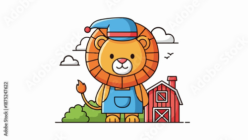 A cute cartoon lion in blue overalls and a nightcap stands near a red barn and green bush