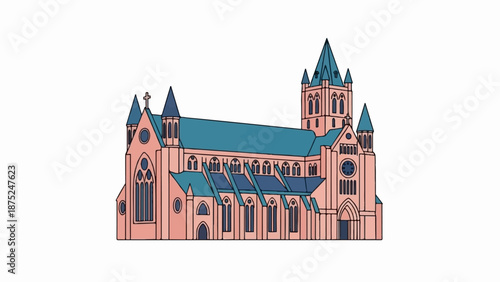 A pink gothic cathedral with teal roofs and blue windows stands against a white background