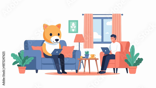 A dog-headed figure and a person work on laptops in comfy chairs at home