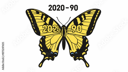 A graphic representation of a yellow and black butterfly with numbers on its wings and above