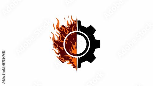 A graphic symbol splits a fiery explosion from a gear cog on a white background
