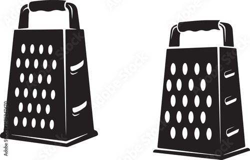 Two black box graters with handles on a white background