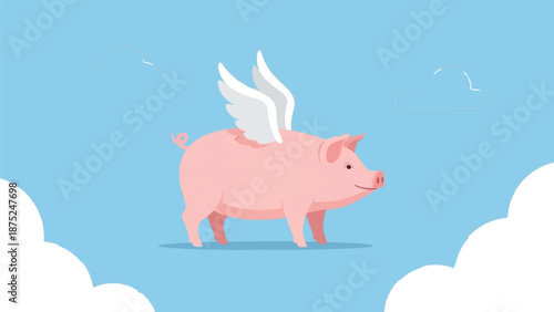 A pink pig with white wings floats happily among fluffy white clouds