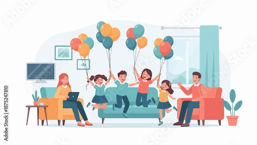 A family celebrates indoors with balloons, a mother on a laptop and children jumping joyfully