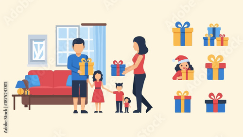 A family exchanges gifts in a living room, with additional gifts displayed
