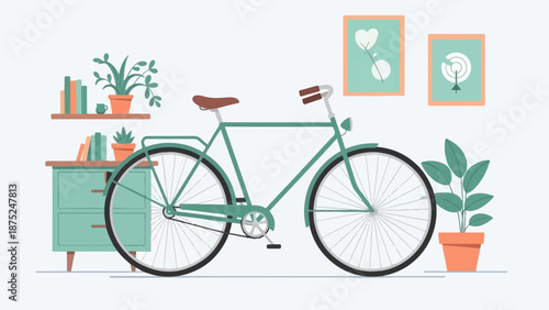 A green bicycle stands indoors next to a mint green dresser with plants